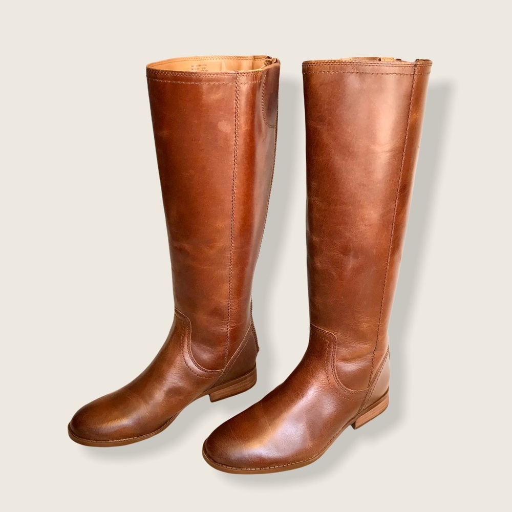 $399 Frye Jolie Back Zip Cognac Knee High Zip Up Round Toe Real Leather Boots - Picture 14 of 16